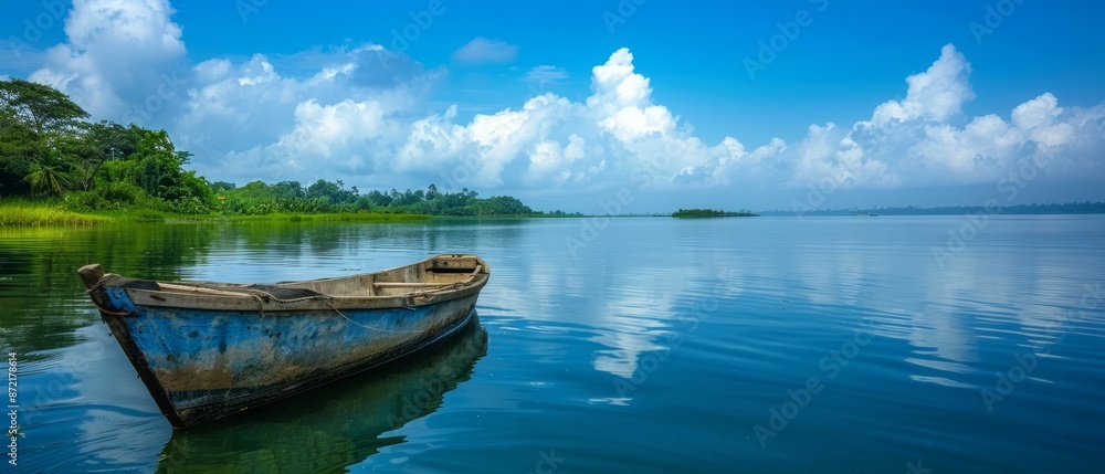 A small boat floats on a tranquil lake, nestled beside a verdant, tree-lined shore The landscape is blanketed in lush greenery Above, a A small boat floats on a tranquil lake, nestled beside a verdant, tree-lined shore The landscape is blanketed in lush greenery Above, a