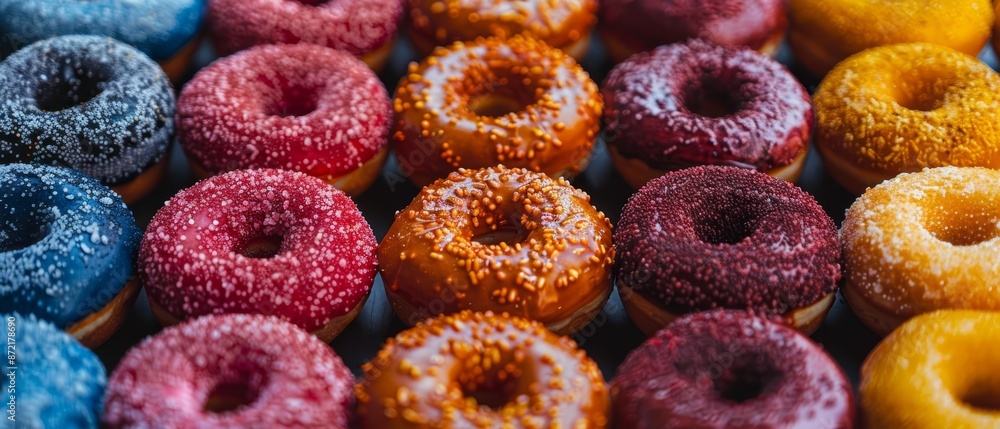 A tight shot of several doughnuts, adorned with sprinkles atop A tight shot of several doughnuts, adorned with sprinkles atop