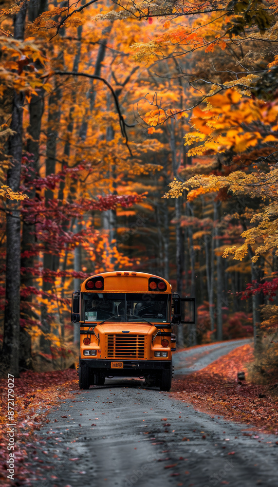 Obraz premium School Bus Amid Autumn Foliage Navigating Scenic Roadway for Seasonal Travel Stock Image