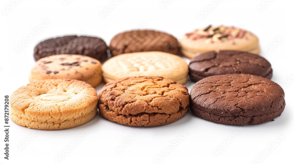 Assorted cookies in various flavors, isolated on a white background Assorted cookies in various flavors, isolated on a white background