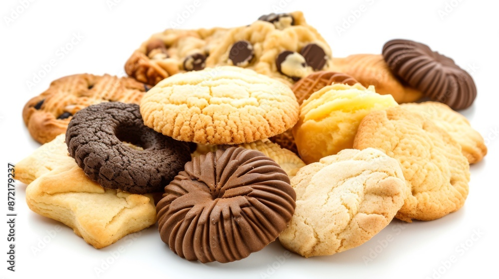 Assorted cookies in various flavors, isolated on a white background Assorted cookies in various flavors, isolated on a white background