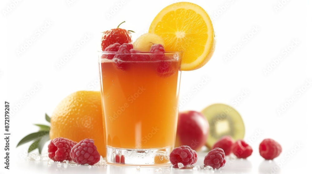 A glass of freshly pressed juice topped with various fruit, isolated on a white background A glass of freshly pressed juice topped with various fruit, isolated on a white background