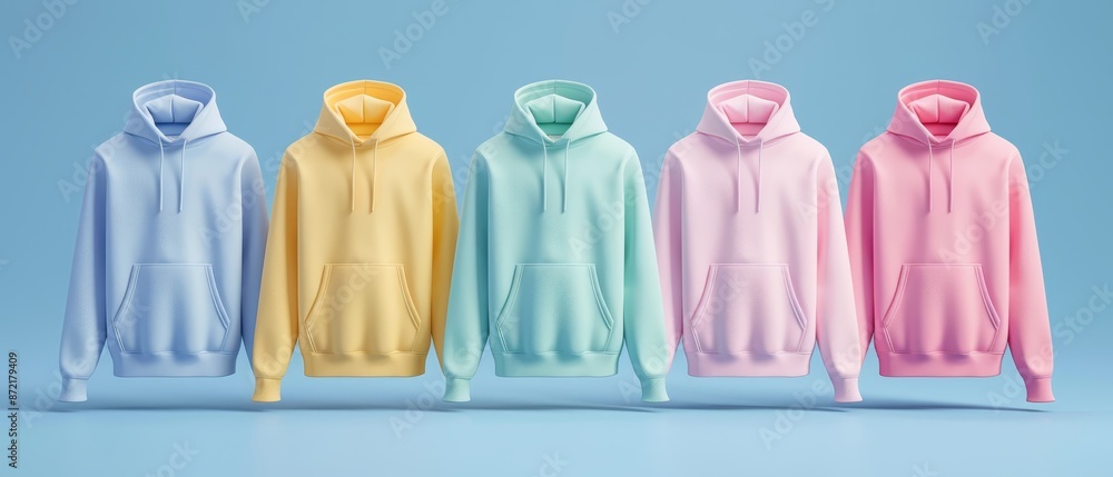 A row of pastel-hued hoodies against a light blue backdrop; each hoodie casting a subtle shadow A row of pastel-hued hoodies against a light blue backdrop; each hoodie casting a subtle shadow