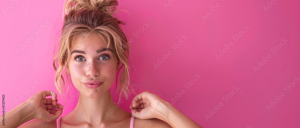 A woman hilariously faces the camera, holding a pair of scissors in each hand A woman hilariously faces the camera, holding a pair of scissors in each hand
