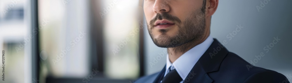 Fototapeta premium Tax advisor in a smart suit, close-up, discussing finance returns, confident look, sleek office, photo-realistic, clear lighting, professional setting