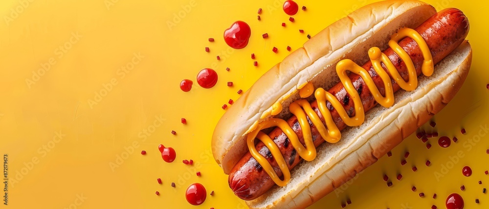 Hot dog on a bun with mustard and ketchup against a vibrant yellow backdrop, surrounded by joyful confetti Hot dog on a bun with mustard and ketchup against a vibrant yellow backdrop, surrounded by joyful confetti