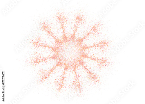 Salt or sugar crystal powder, flying dust particles. Pink dust grain texture. Crushed granules of himalayan salt or sand in sun with rays form. Vector illustration of spilled powder.
