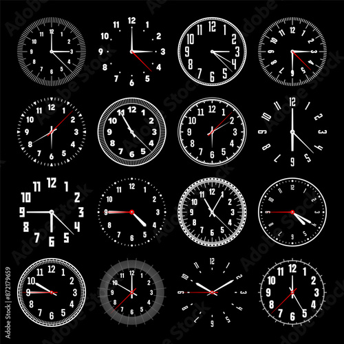 Mechanical clock faces with hands, bezel. Watch dial with minute, hour marks and numbers, arabic numerals. Timer or stopwatch element. Measuring circle scale with divisions. Vector illustration