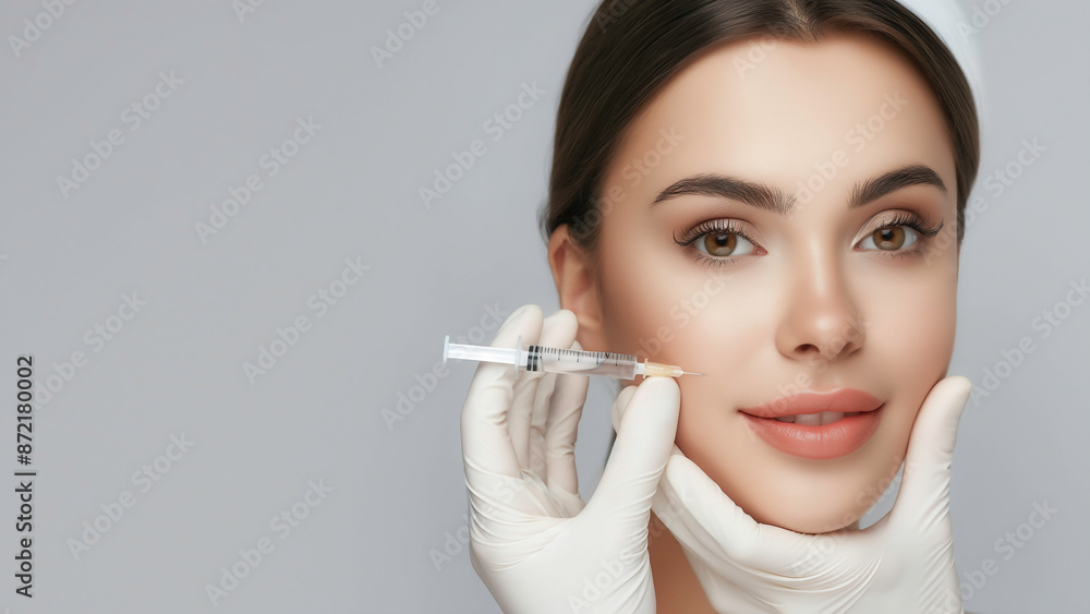 A beautiful woman receiving botox injection for facial rejuvenation and for wrinkle reduction, enhancing beauty and personal care. A beautiful woman receiving botox injection for facial rejuvenation and for wrinkle reduction, enhancing beauty and personal care.