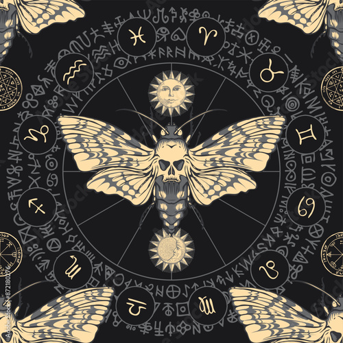vector seamless pattern with  death's head butterfly on the background of the zodiac circle with sun and moon, ancient runes and magic symbols