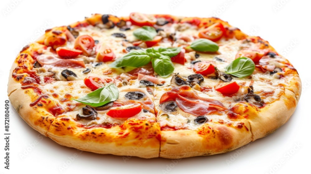 A pizza with various toppings, isolated on a white background A pizza with various toppings, isolated on a white background