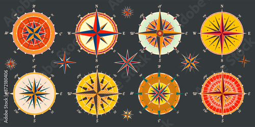 Vintage marine wind rose, nautical chart. Colorful navigational compass with cardinal directions of North, East, South, West. Geographical position, cartography and navigation. Vector illustration