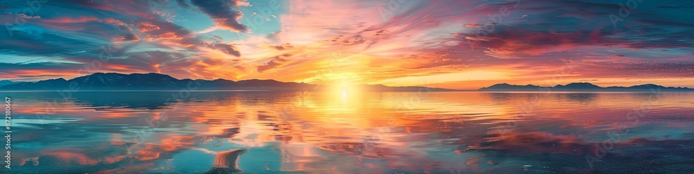 Panoramic Sunset Over Serene Waters: Majestic Mountains and Vibrant Reflections Captivate Nature’s Tranquility Panoramic Sunset Over Serene Waters: Majestic Mountains and Vibrant Reflections Captivate Nature’s Tranquility