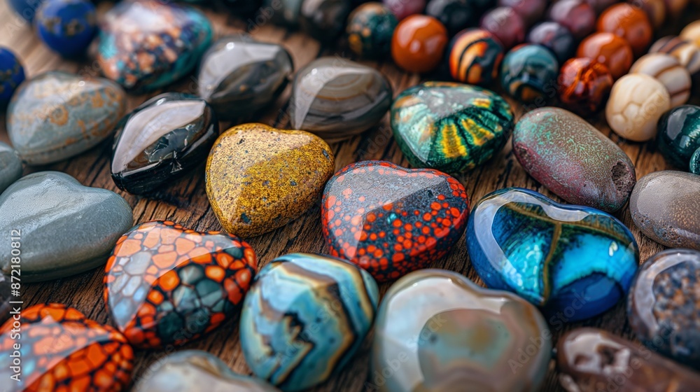 A vibrant display of various polished semi-precious stones, rich in color and pattern. A vibrant display of various polished semi-precious stones, rich in color and pattern.