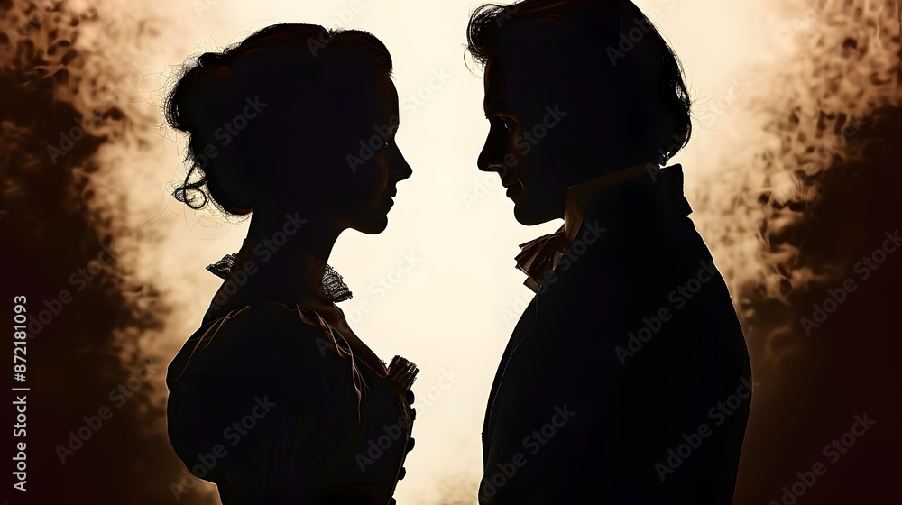 Silhouette profile portrait of victorian woman and man facing each other. Young couple eye to eye in historical clothing illustration Silhouette profile portrait of victorian woman and man facing each other. Young couple eye to eye in historical clothing illustration
