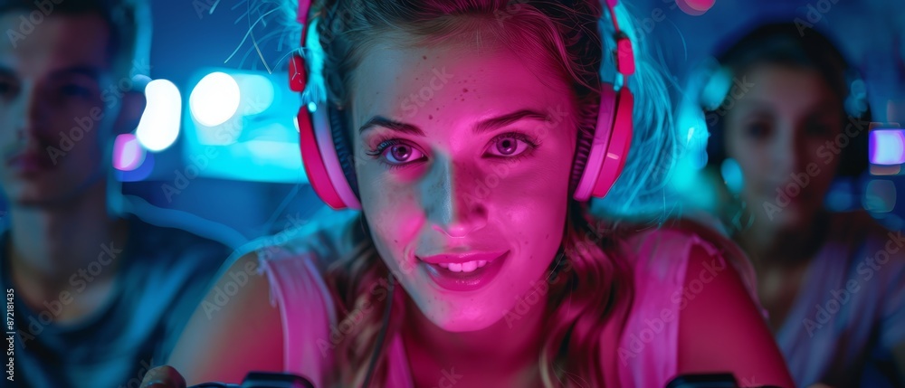 A woman dons headphones as she engages in a game on a video game console, surrounded by an audience A woman dons headphones as she engages in a game on a video game console, surrounded by an audience