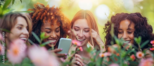  A cluster of youthful females, gathered nearby in a blooming floral expanse, collectively gaze at a cell phone photo