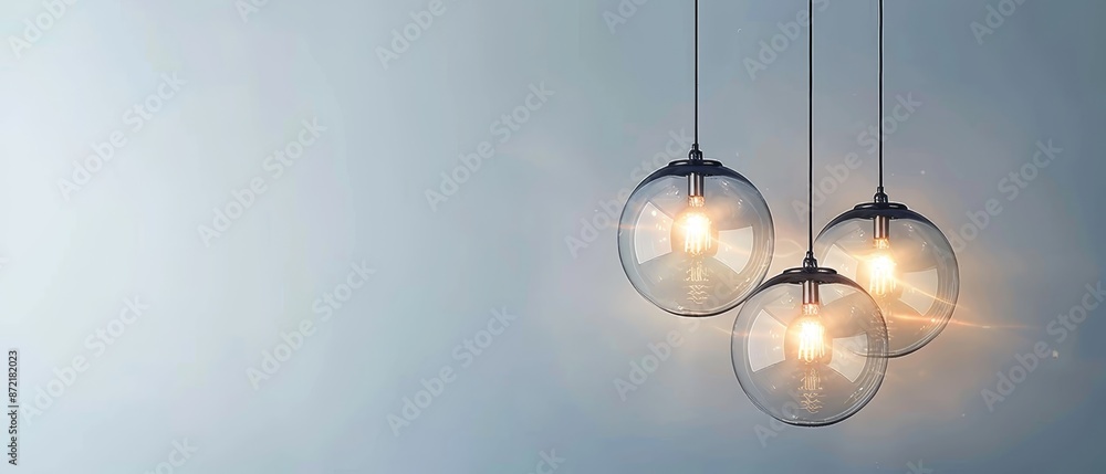 Three light bulbs dangle from a ceiling against a backdrop of a blue room and a blue sky Three light bulbs dangle from a ceiling against a backdrop of a blue room and a blue sky