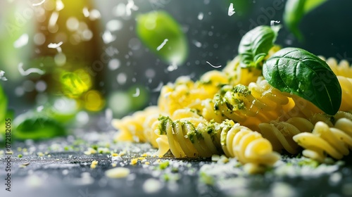 A tantalizing dish of giant fusilli pasta bathed in pesto sauce, sprinkled with parmesan and fresh basil, invites a gustatory feast.