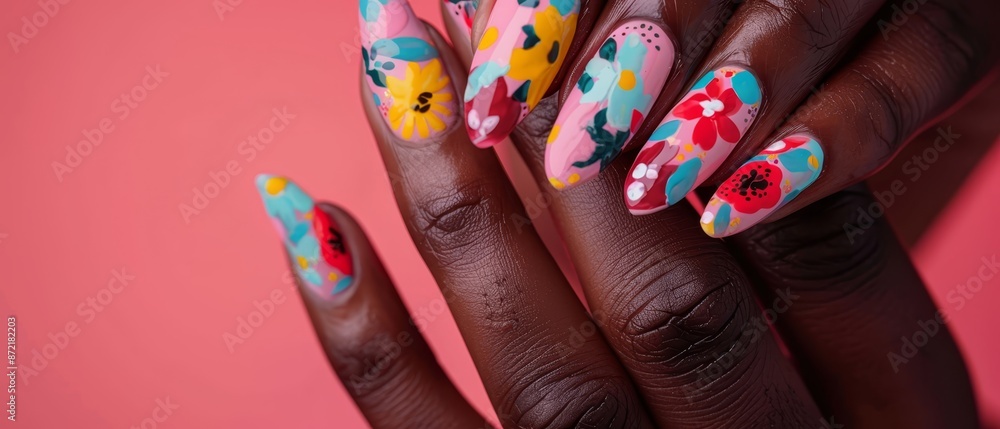 A tight shot of hands adorned with vibrant nail polish and intricate floral designs A tight shot of hands adorned with vibrant nail polish and intricate floral designs