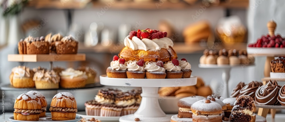 A white cake stand is topped with various cakes and muffins A white cake stand is topped with various cakes and muffins