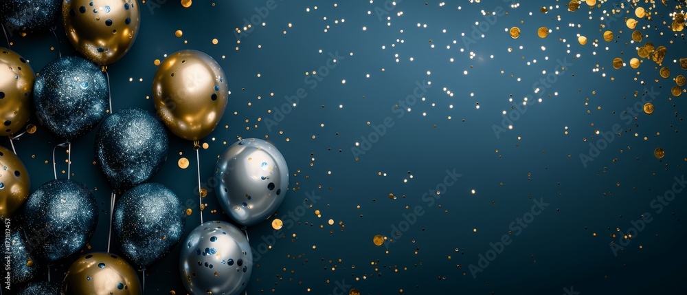 A blue backdrop adorned with a cluster of silver and gold balloons, accompanied by gold and silver confetti scatter A blue backdrop adorned with a cluster of silver and gold balloons, accompanied by gold and silver confetti scatter