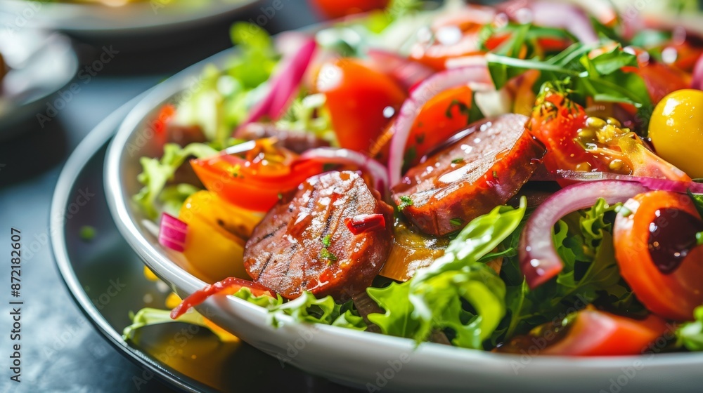 French cuisine. French salad with smoked sausage. 