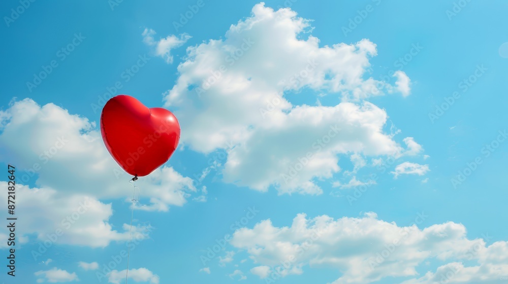 Red heart-shaped balloon floating against a blue sky with fluffy white clouds, ample copy space Red heart-shaped balloon floating against a blue sky with fluffy white clouds, ample copy space