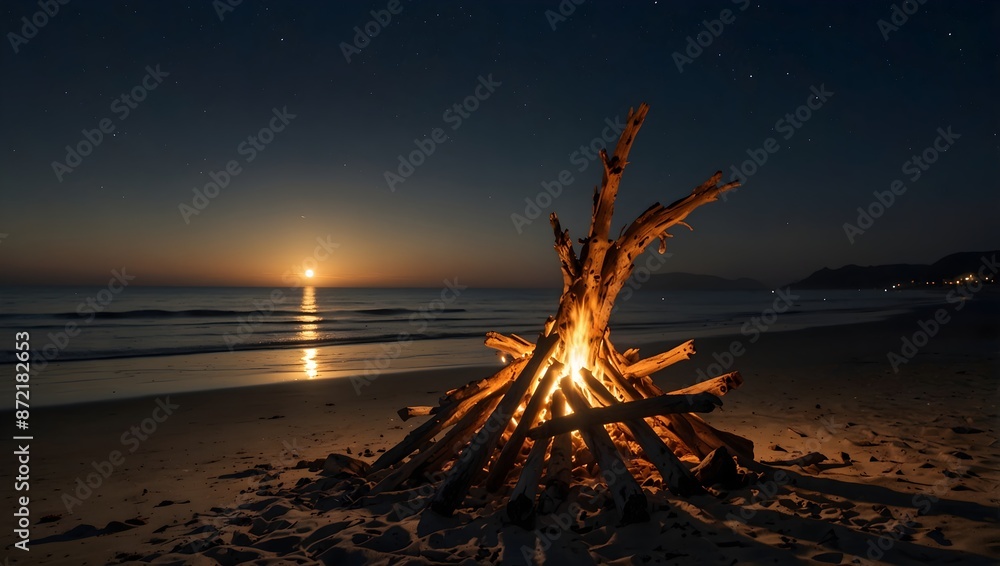 Fototapeta premium A bonfire fueled by driftwood, casting flickering shadows on a moonlit beach ai_generated