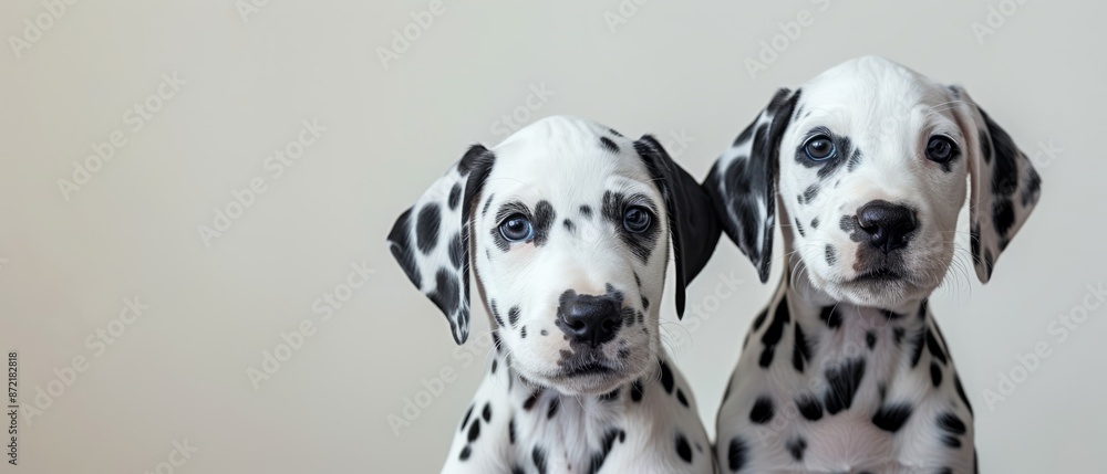 Two Dalmatian puppies, one black and one white, seated beside each other against a pristine white backdrop, gazing directly at the camera Two Dalmatian puppies, one black and one white, seated beside each other against a pristine white backdrop, gazing directly at the camera