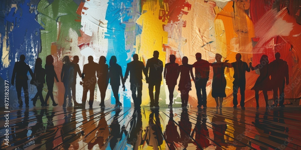Naklejka premium Vibrant Abstract Art with Silhouetted Diverse Group of People