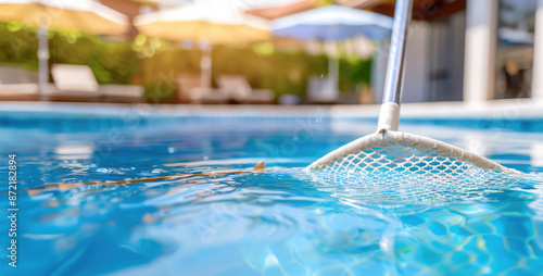 Close up shot of a swimming pool cleaner using a long pole with a net or brush to remove leaves and debris from a serene, cleaning service