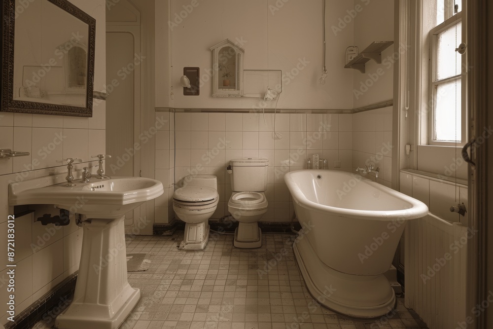 Bathroom in retro style. Sepia toned image. Bathroom in retro style. Sepia toned image.