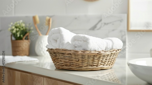 A wicker basket filled with white towels sits on a bathroom counter. The towels are neatly folded and arranged. The bathroom is clean and modern photo