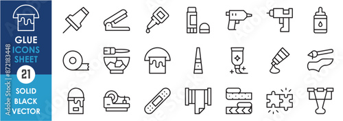 A set of line icons related to glue. Attach, adhesive, pin, glue gun, bucket, broke, tear, tape, pin, liquid and so on. Vector outline icons set.