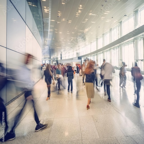 Crowd of blurred busy airport business office workers employment city people market walking , generated by AI. High quality photo photo