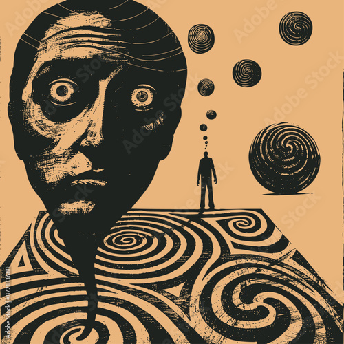 A surreal black and white illustration of a distorted face with swirling patterns, vector illustration.