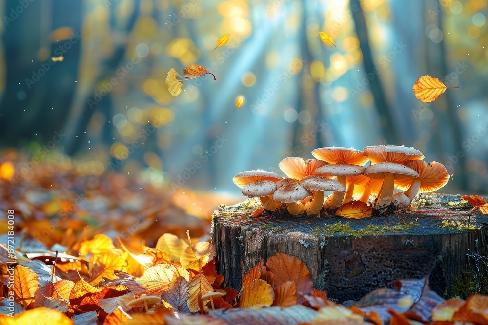 Autumn Forest Mushrooms on Tree Stump with Sunlit Fallen Leaves - Autumn Nature Photography Autumn Forest Mushrooms on Tree Stump with Sunlit Fallen Leaves - Autumn Nature Photography