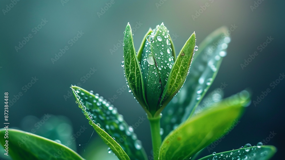 wide macro closeup photo of beautiful green plant sprout with water dew on it wide macro closeup photo of beautiful green plant sprout with water dew on it
