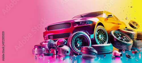 Promotional Poster for Buy One, Get One Free Offer on Car Parts with Vibrant Colors and Clear Text photo