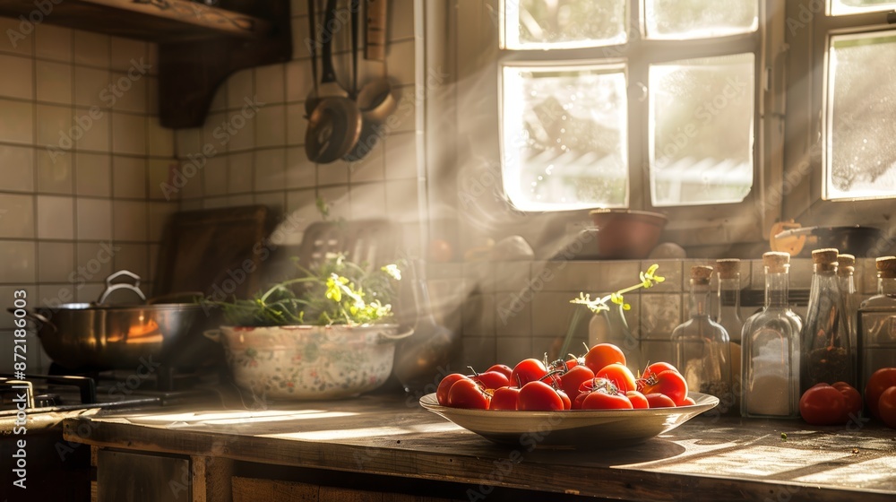 Rustic Kitchen With Fresh Tomatoes and Sunlit Counter, Ideal for Cooking and Culinary Designs Rustic Kitchen With Fresh Tomatoes and Sunlit Counter, Ideal for Cooking and Culinary Designs