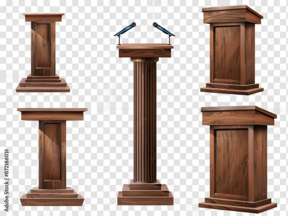 brown wood speech stand and microphone - Podium set - lectern collection - various shapes and angles - isolated transparent PNG. Modern and antique. brown wood speech stand and microphone - Podium set - lectern collection - various shapes and angles - isolated transparent PNG. Modern and antique.