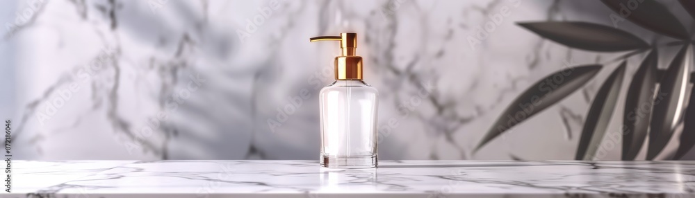 Clear glass pump bottle with gold pump on a marble counter, luxury skincare product, minimalistic elegance Clear glass pump bottle with gold pump on a marble counter, luxury skincare product, minimalistic elegance