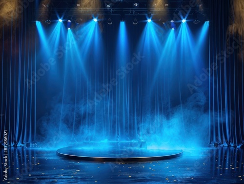 Wallpaper Mural Blue stage curtain with spotlights. scene, stage light with colored spotlights and smoke. Stage on the dark floor with lights on the perimeter. theater stage Art concept Torontodigital.ca