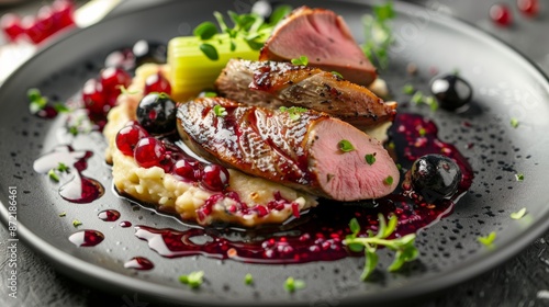 French cuisine. Duck breast with mashed celery and berries.  photo