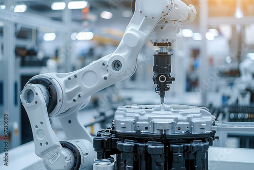 Closeup scene the milling spindle attached on the robotic arm finish cut the aluminum gear case.
