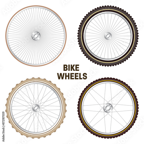 Realistic 3d retro bicycle wheels. Vintage bike rubber tyres, shiny metal spokes and rims. Fitness cycle, touring, sport, road and mountain bike. Vector illustration