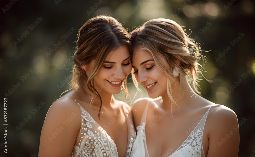 Happy brides in white dresses. Generative by AI Happy brides in white dresses. Generative by AI