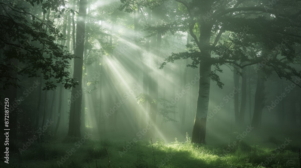 Obraz premium Early morning mist in a forest, sunlight piercing through the fog, tranquil and ethereal