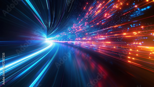 Blue laser beam effect dash with high-speed shine and emit colorful light on dark black background convey sense of energy move in straight line dynamic on cosmic perfect for science fictional.